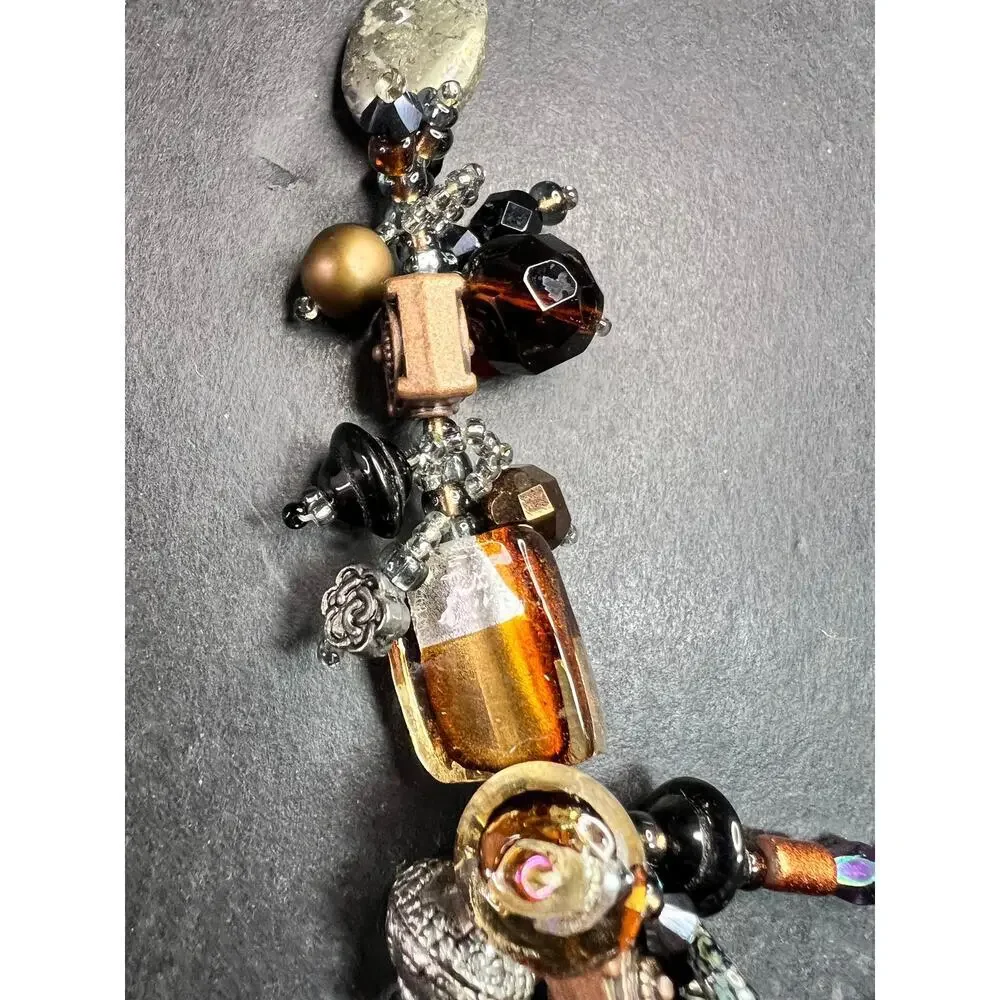 Artisan Copper Wire Necklace Glass Onyx Pyrite Amber Pearl 17”